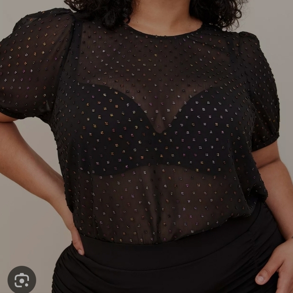 torrid Tops - Torrid Witchy Flirty Abbey Rainbow Clip Dot Sheer Short Sleeve Blouse Top 0X